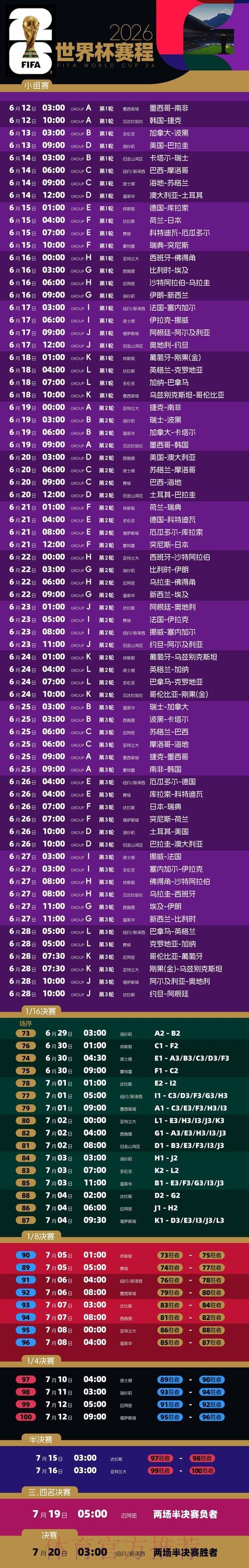2026世界杯每日赛程高清版比赛时间表在哪里看 2026世界杯每日赛程高清版比赛时间表在哪里看